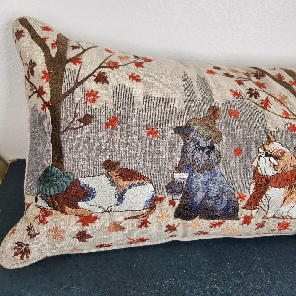 Pier 1 Decorative Pillow City Dogs in the Fall Cushion Fall Embroidered Decor